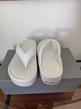 Balenciaga White Platform Thong Sandals with Logo Heel